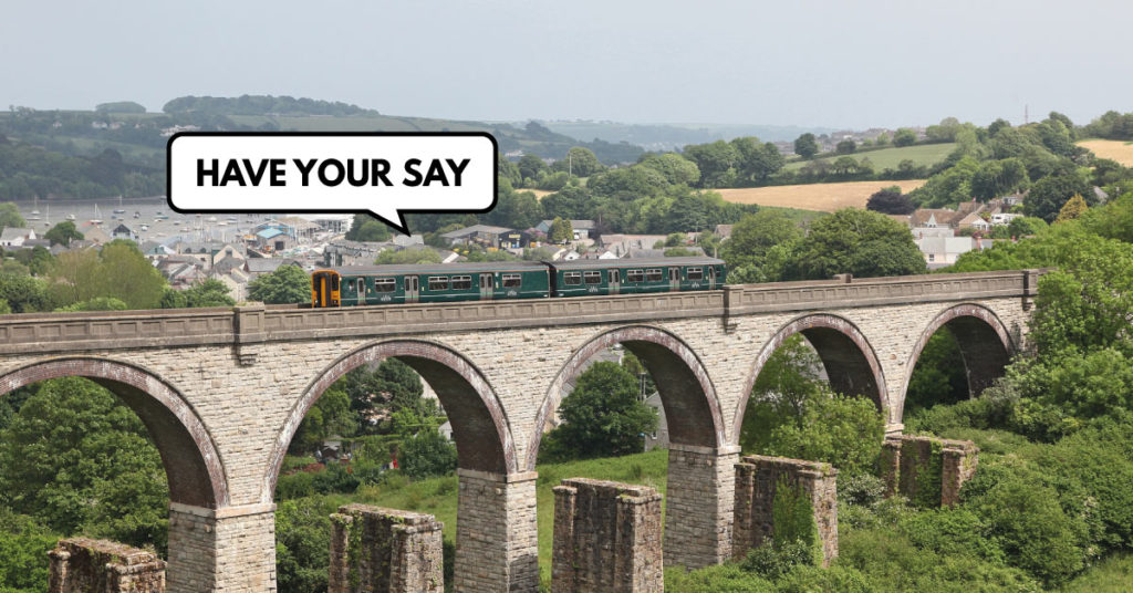 Train on the Maritime Line with speech bubble saying 'Have your say'