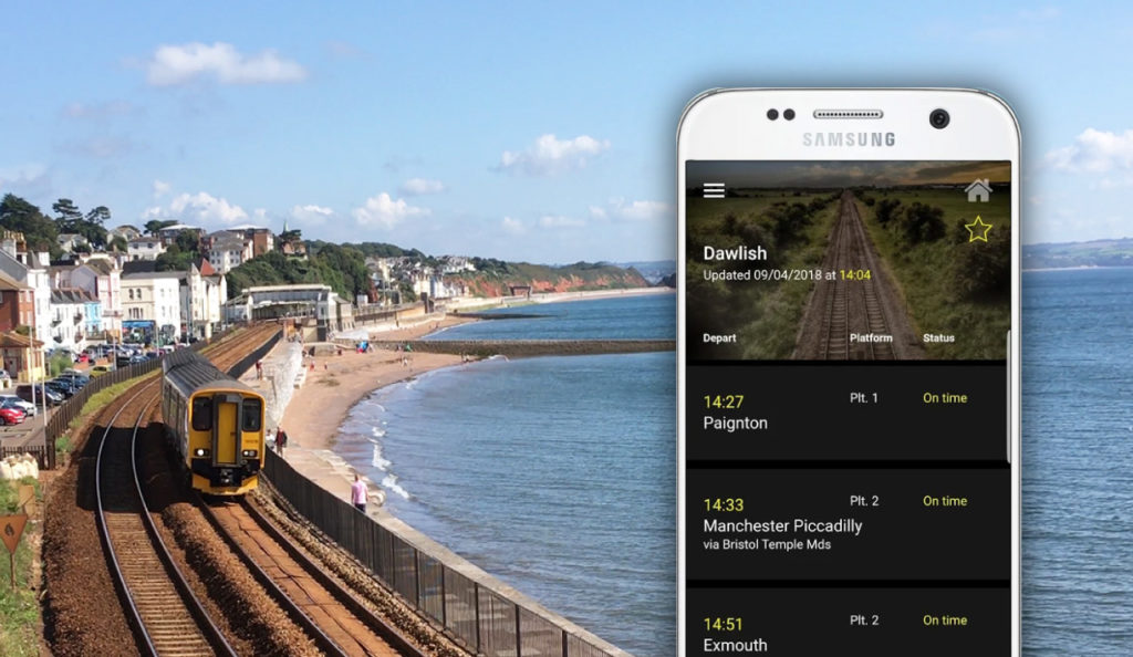 Devon app screenshot set against backdrop of train on Dawlish coastal route