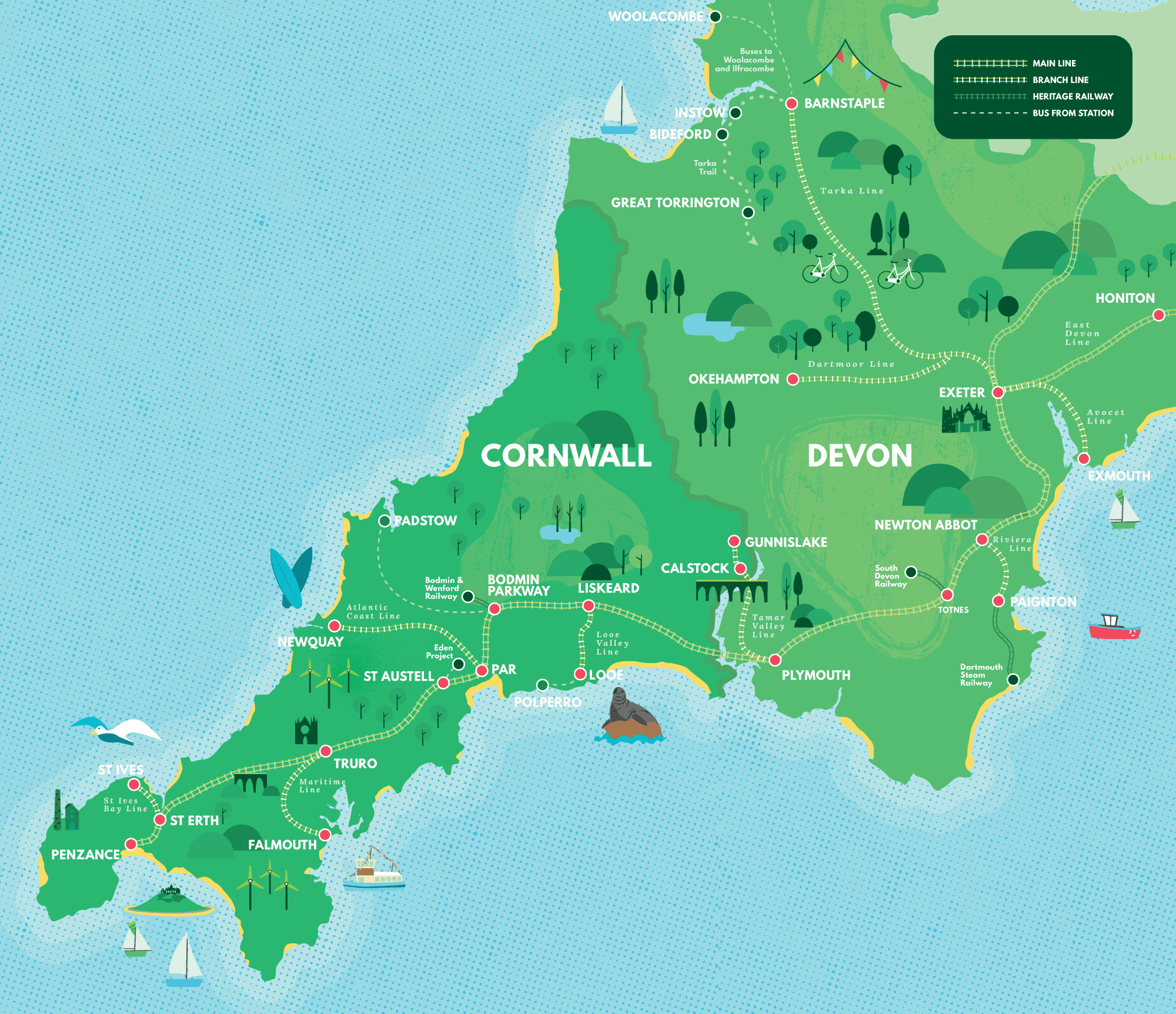 Overview map showing Devon and Cornwall's railways