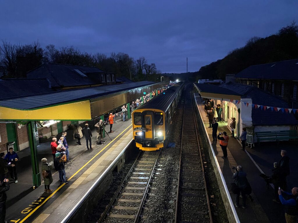 The first train arrives at Okehampton station.  Saturday 20 November 2021.