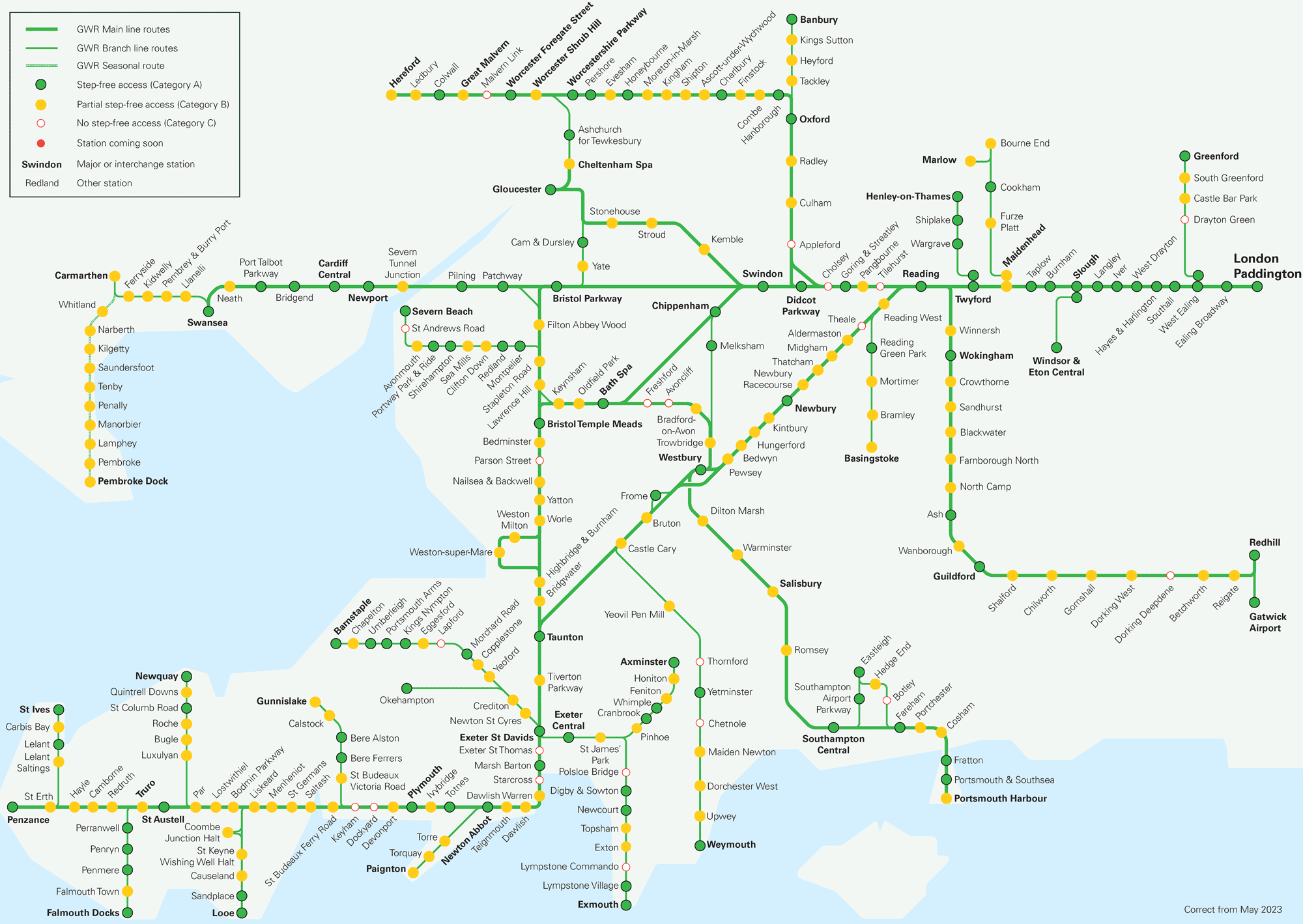 Detailed map of GWR rail network including Devon and Cornwall