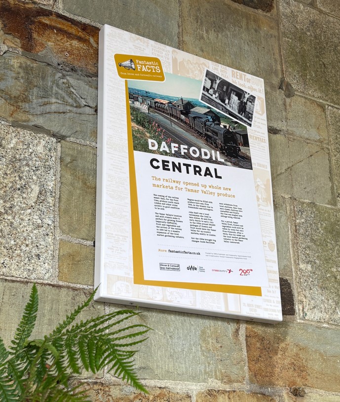Interpretation board attached to wall at Bere Alston station