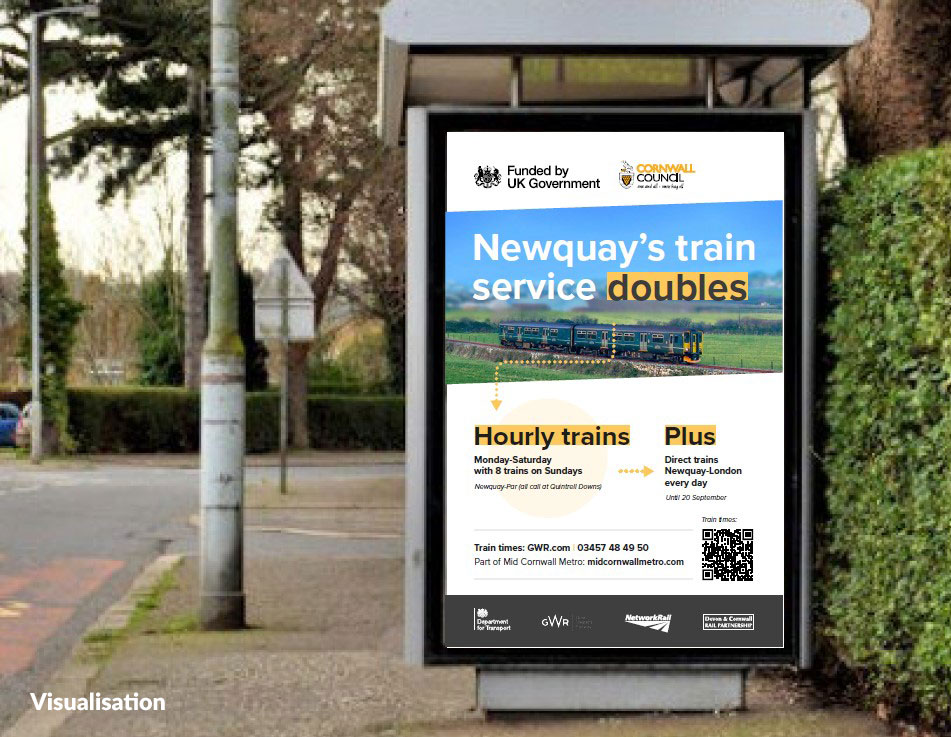 Visualisation of bus stop ad with headline 'Newquay's train service doubles'