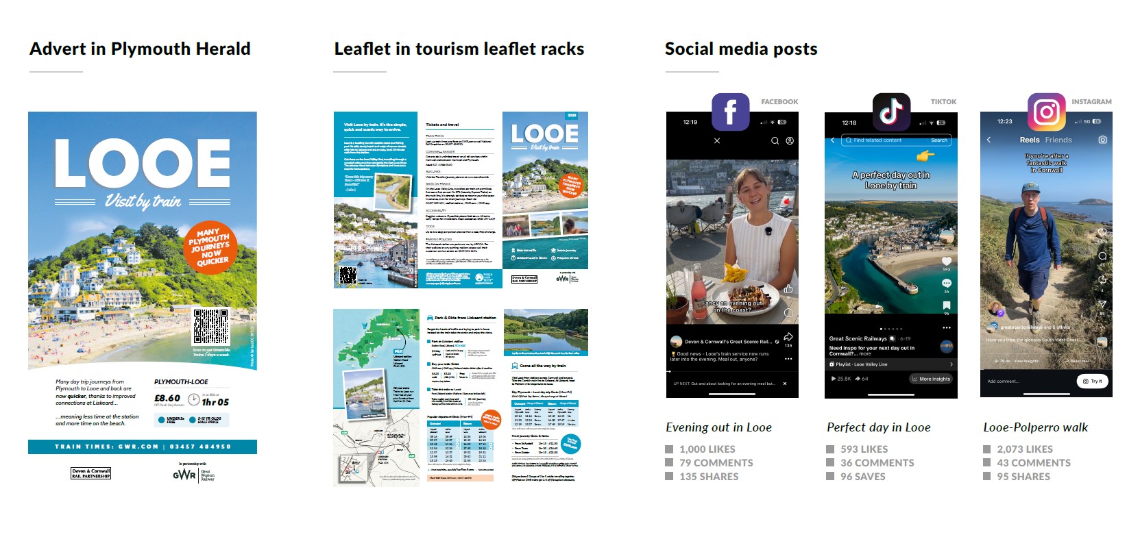 overview of marketing materials including newspaper ad, leaflet and posts on Facebook, Instagram and TikTok